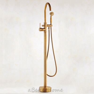 Retro Brass Freestanding Tub Faucet Floor Mounted Bath Shower Water Mixer Tap