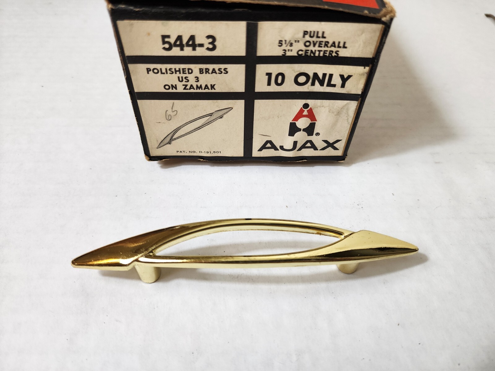 Vintage NOS Ajax Polished Brass Drawer Cabinet Pull #544-3 1970s Retro C1