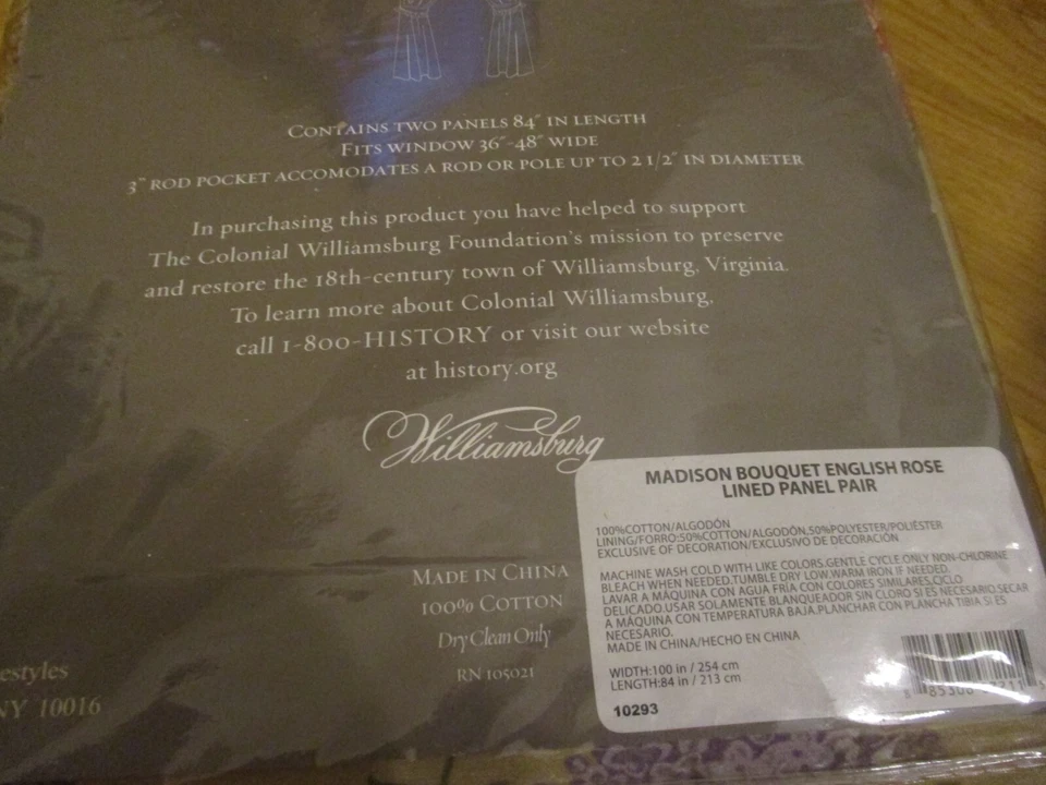 Новый нераспакованный Williamsburg пара MADISON BOUQUET английская роза драпировки занавески 100 x 84 - Изображение 4 из 4