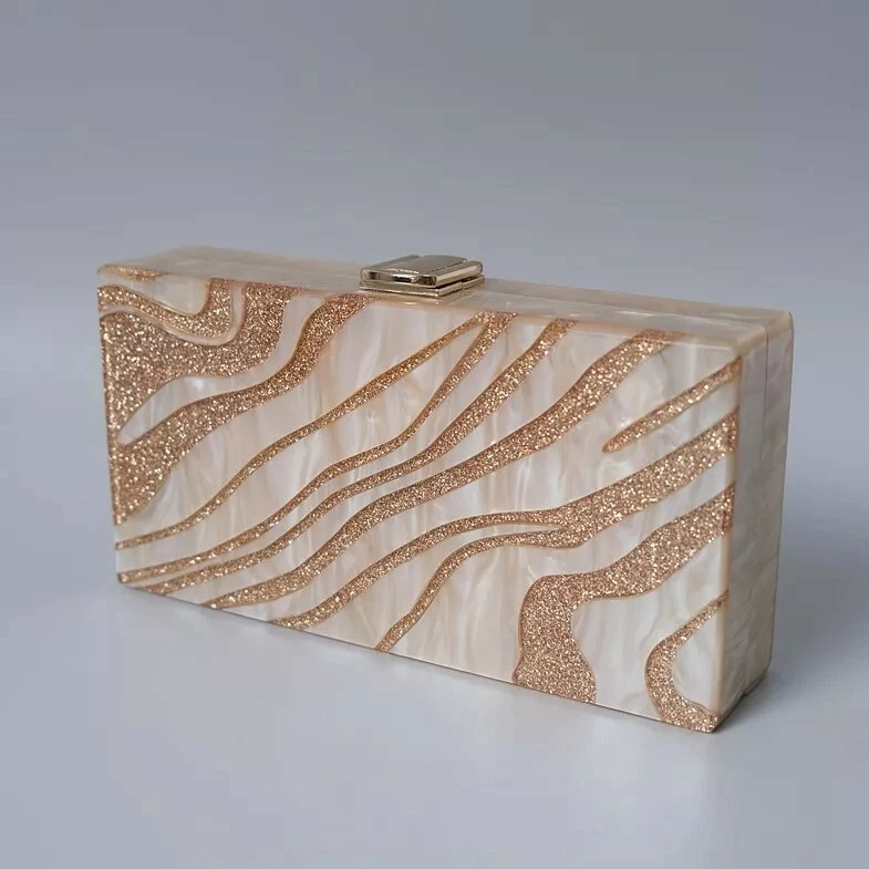 Women Party Clutch Purse Wedding Evening Bag Gold Sequin Striped Box Clutch - Image 3 of 4