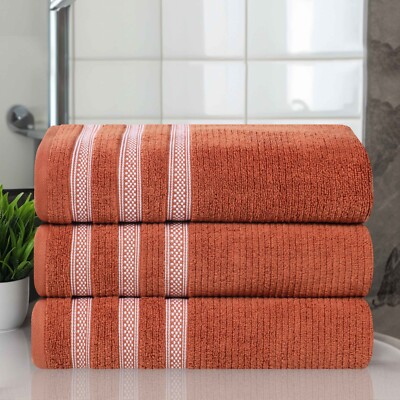 Zero Twist Cotton Ribbed Geometric Border Absorbent 500 GSM Bath Towel Set of 3