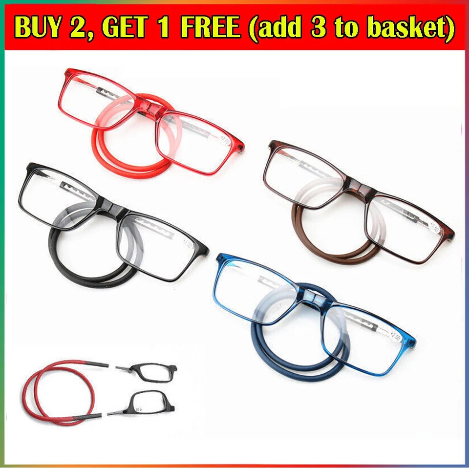 Neck Hanging Folding Magnetic Reading Glasses Snap Click Eyeglasses 1.0~3.5 UK