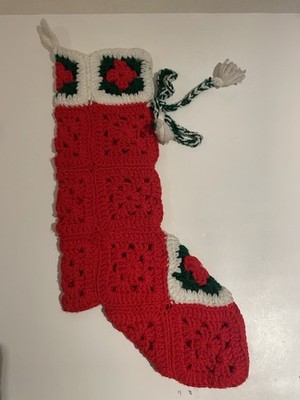 VTG Handmade Crochet Granny Square Xmas Stocking Red Green White 70 s