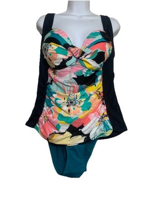 VTG Plus Sz 18 Swimwear Floral Multi Tropical Tankini NWT Teal Bottoms 2 Pc Set