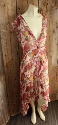 Sundance Sheer Floral Vintage Garden Ruffle Wrap Dress Size XL