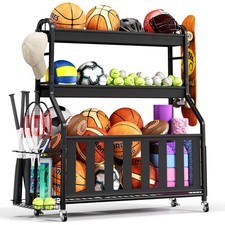 Sports Equipment Organizer Rolling Ball Storage Cart with Locking Wheels Hooks