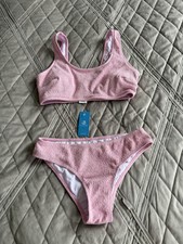 CupShe Pink Rib Mineral Wash Scoop Neck Top  Hipster Bikini Set Small