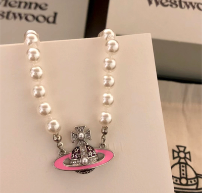 Vivienne Westwood Pink & Silver One Row Pearl Bas Relief Choker