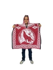 2XL MEXICAN PONCHO WITH HOOD , HOWLING WOLF BLANKET , ONE SIZE , RED