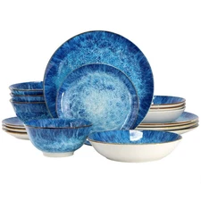 Oceanus 16 Piece Porcelain Double Bowl Dinnerware Set in Blue, Tableware Serv...