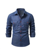 Men's casual denim outdoor workwear long sleeved shirt solid color shirt