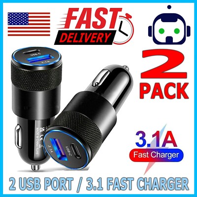 2 Pack Dual Port USB-C Fast Car Charger PD Adapter for iPhone Samsung Android