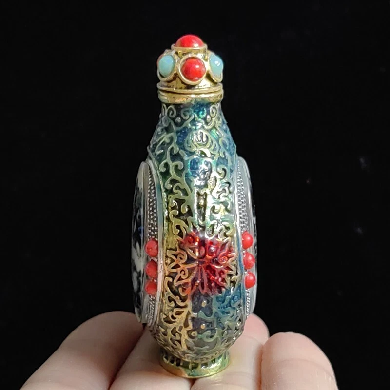 Botella de tabaco antigua china de bronce con incrustación a mano joyería pintura paisaje 3,2 pulgadas Foto 4 de 4