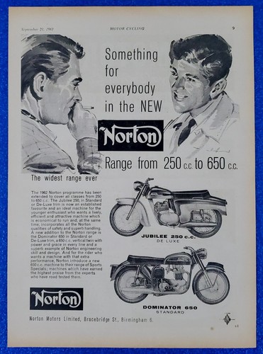 1961 NORTON MOTORCYCLE VINTAGE PRINT AD JUBILEE 250 DE LUXE & DOMINATOR 650