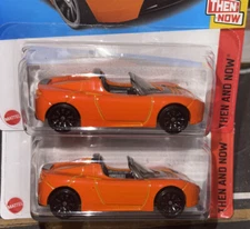 Lot Of 2 Hot Wheels Tesla Roadster Orange Then & Now New In Package 1:64