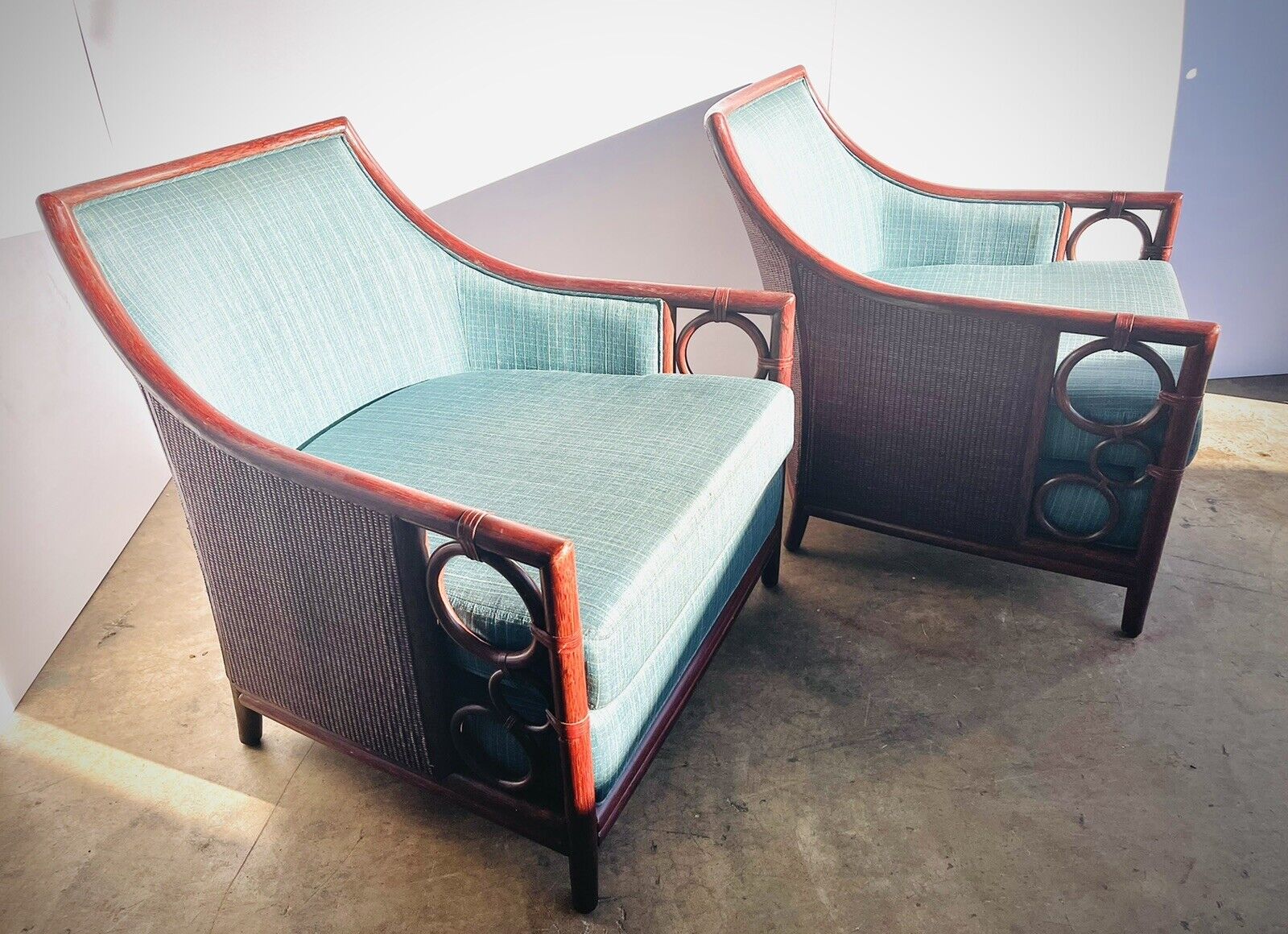 REMARKABLE PAIR OF MID CENTURY MODERN RATTAN LOUNGE CHAIRS BY McGUIRE