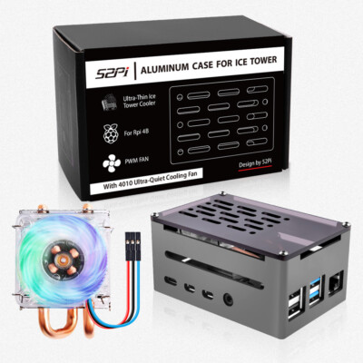 Raspberry Pi 4 Model B Aluminum Brick Case with  4010 Low-Profile Ice Tower Fan