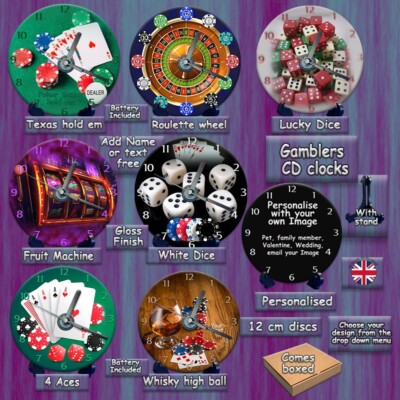 Gamblers CD clocks gloss finish add text free Texas hold em poker dice Roulette