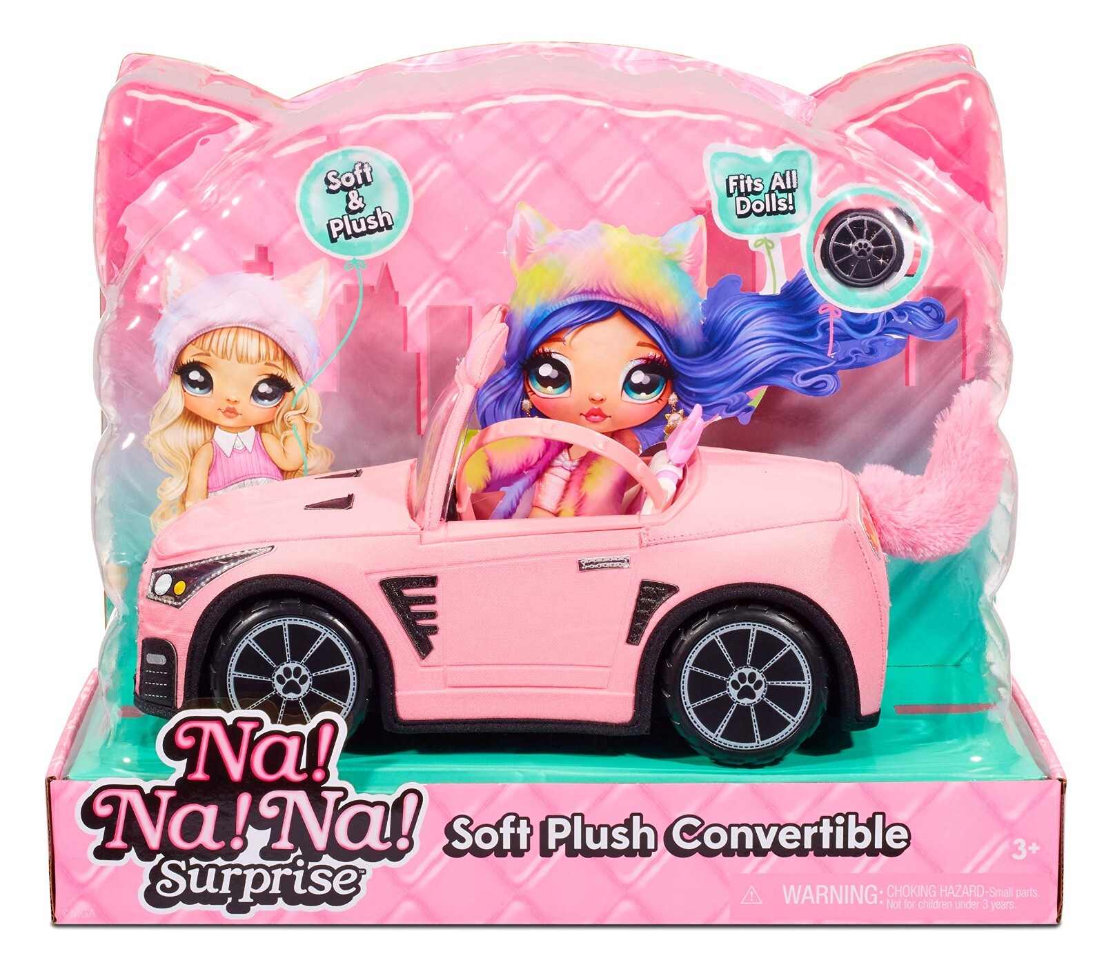 Na Na Na Surprise Soft Plush Convertible Pink Car for Dolls Kitty Theme Boxed