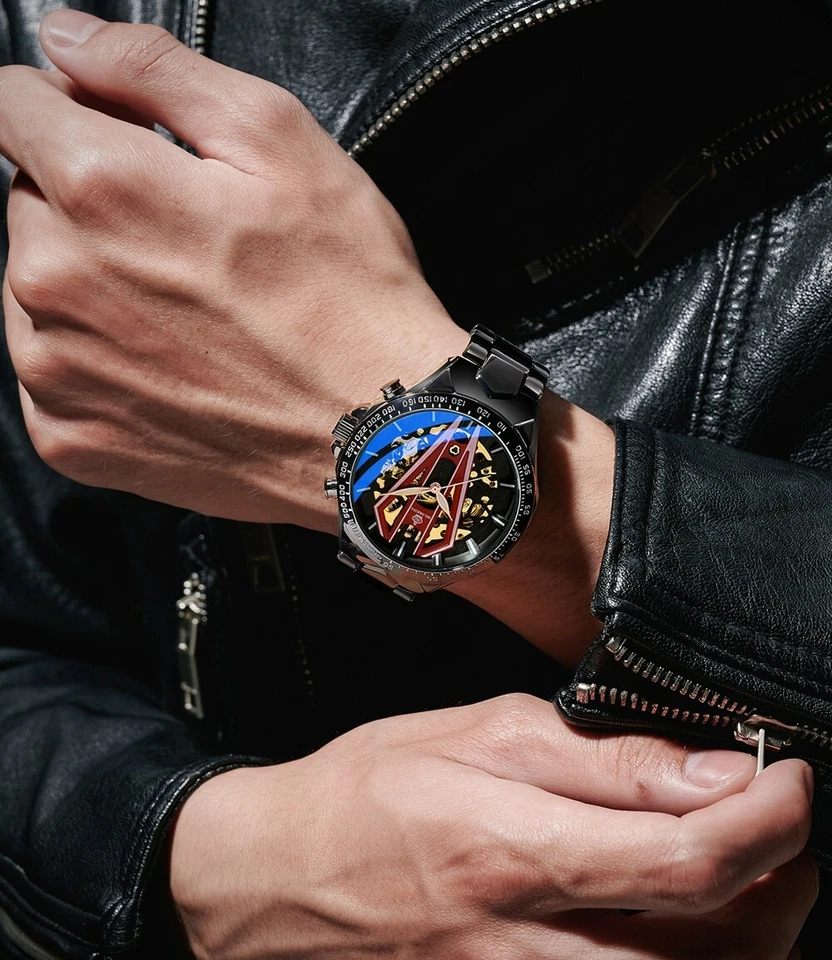 New Arrivals 男式自上发条自动骨架机械手表黑色不锈钢 — 第 3/4 张图片