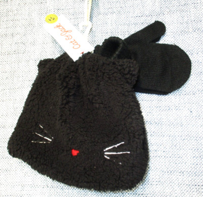 Cat & Jack Toddler Girls' Fuzzy Cat Beanie and Magic Mittens Black Set 2T-5T