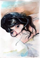 Original Watercolor Painting Tender Female Portrait Brunette Girl Portrait