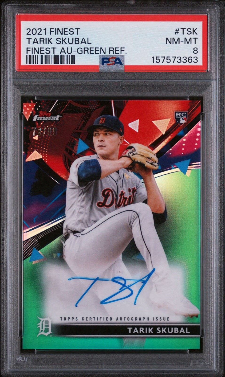 2021 TOPPS FINEST TARIK SKUBAL ROOKIE AUTO /99 GREEN REFRACTOR PSA 8 RC ON CARD
