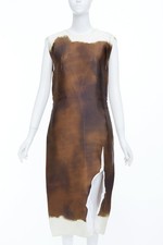 PRADA 2023 Runway brown watercolor satin creased paper effect slit dress IT38 XS