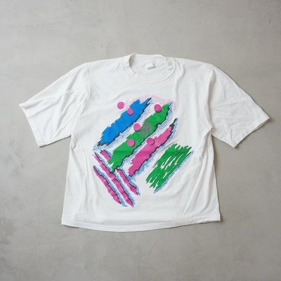 Vintage 90s Abstract Graphic T-Shirt One Size Mens White Neon Geometric USA Made