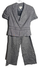 Ann Taylor 2 Pc Suit Career Jacket Pants Gray Lined Size 6P Petites 100 Linen
