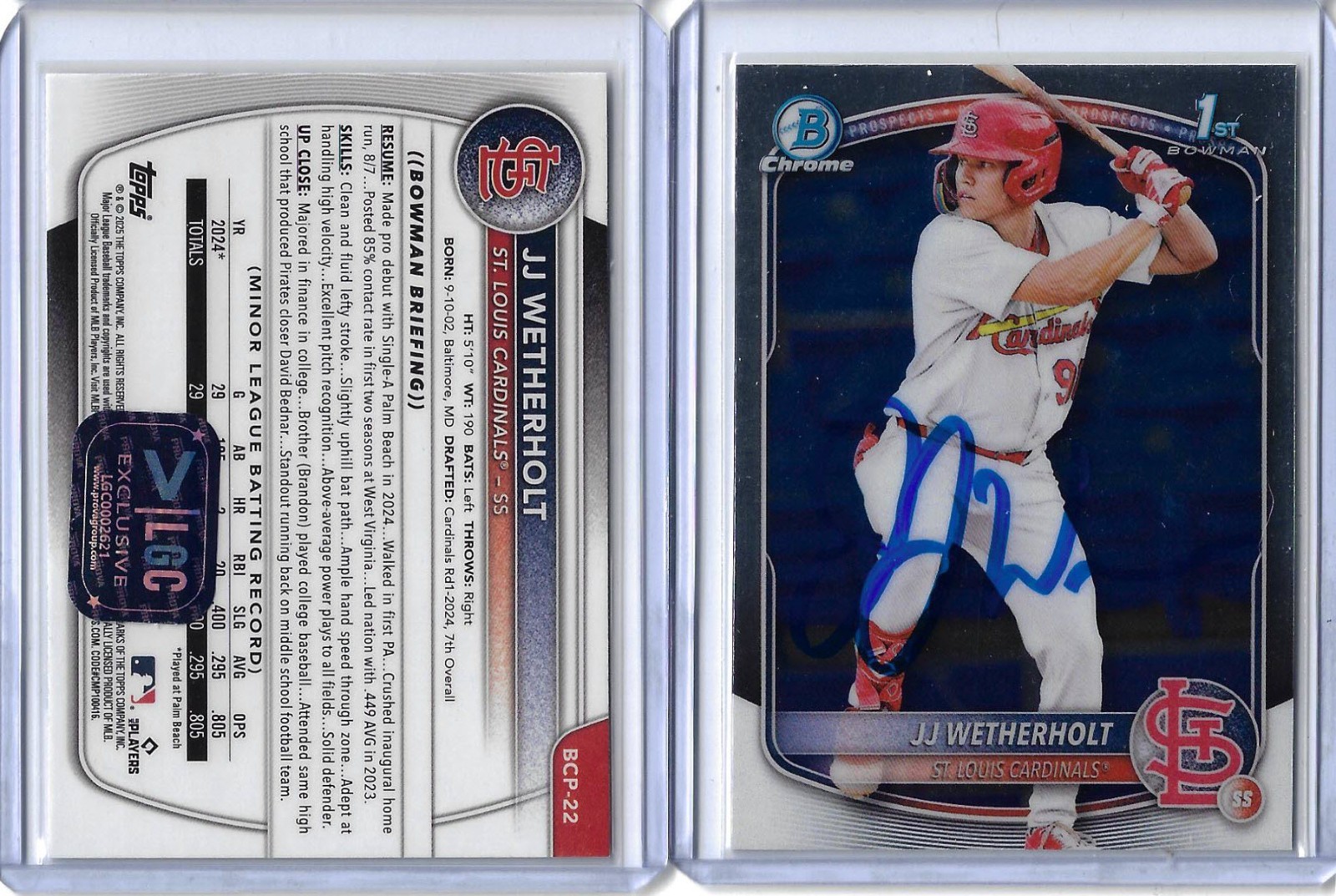 JJ Wetherholt Autographed 2025 Bowman Chrome Prospects BCP22 Rookie RC PROVA COA