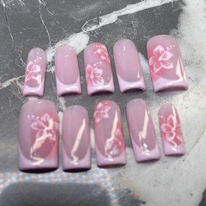 Pink & White Floral Press-On Nails medium  Square Acrylic Shiny Full Cover