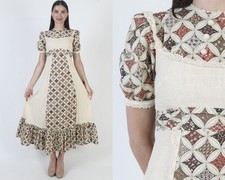 Vtg 70s Muslin Prairie Dress Autumnal High Waist Bohemian Cottage Maxi Gown