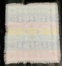 Vintage Pastel Baby Blanket Woven Bears Bunny ABC 123 Hearts Stars Fringe w box