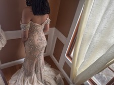 Johnathan Kayne Embellished Off-Shoulder Beige Silver Formal Gown with Train