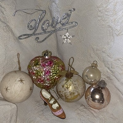 Large Vintage French Budgie Pink Heart With Roses Glitter Ball ornament Lot 7