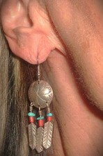 LOVELY VINTAGE STERLING SILVER, TURQUOISE  CORAL NAVAJO EARRINGS 