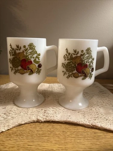 VTG Corning Ware Footed Milk Glass Coffee Mugs Spice Of Life Set of 2 Cups White