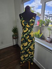 Novelty Show Me Your MuMu Black Slip Midi Dress with Yellow Banana Print