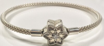 PANDORA STERLING 925 SNAKE CHAIN BRACELET W/ CZ FLOWER CLASP