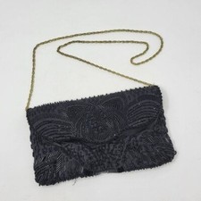 Vintage Black Beaded Evening Clutch With Gold Chain Strap
