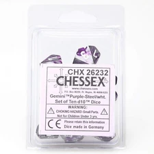 * Chessex Dice D10 Gemini Purple Steel and White 10 Count CHX26232