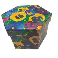 6 Sided Hexagon Hatbox Gift Box Pansies Storage 7.5  x 5  