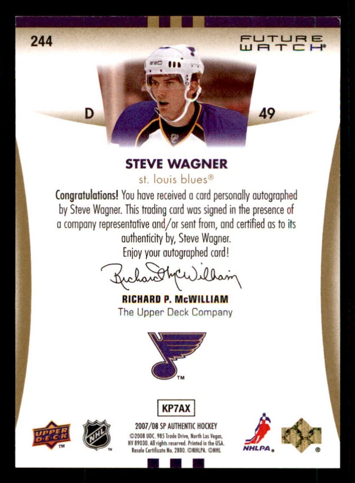 2007-08 SP Authentic #244 Steve Wagner AU RC /999 (ref 240034) - Image 2 of 2