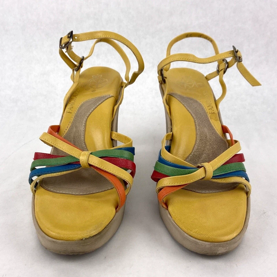 Vintage Famolare Shoes 6 Yellow 70s Hi-Up Leather Wavy Platform Strappy Wedge - Image 2 of 4