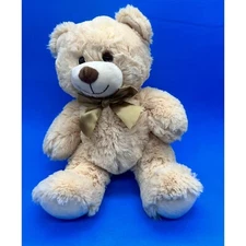 Hugfun Cream Tan Bear 11" Plush Stuffed Animal Gold Bow Soft Toy Gift 2017
