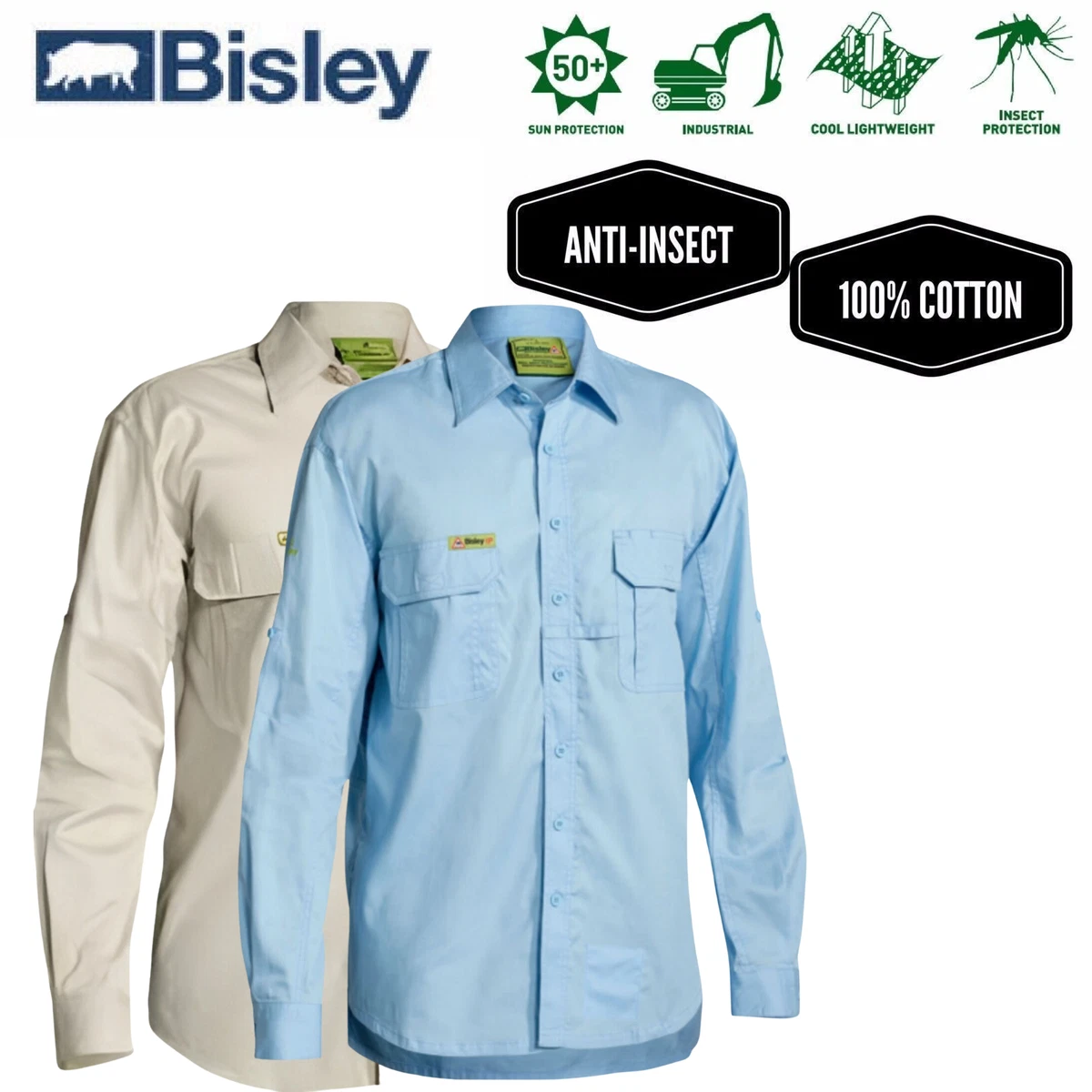 BISLEY Insect Protection Fishing Shirt Long Sleeve Casual Business Work  Cotton