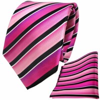 Tigertie Seidenkrawatte + Seideneinstecktuch Rosa Pink Schwarz Silber Gestreift
