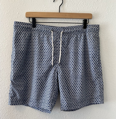 Faherty Men's Swim Trunks Medium Blue Fishscale Print Drawstring Mesh Lined