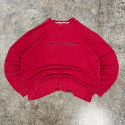 Vintage Tommy Hilfiger Denim Red Embroidered Distressed Crewneck Sweatshirt XL